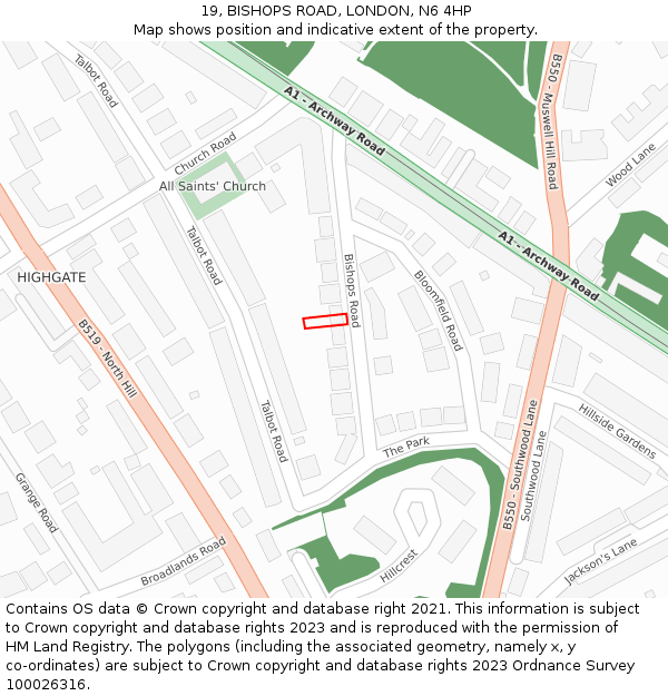 19, BISHOPS ROAD, LONDON, N6 4HP: Location map and indicative extent of plot