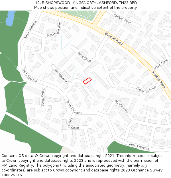 19, BISHOPSWOOD, KINGSNORTH, ASHFORD, TN23 3RD: Location map and indicative extent of plot