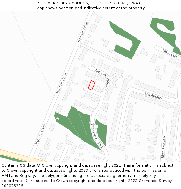 19, BLACKBERRY GARDENS, GOOSTREY, CREWE, CW4 8FU: Location map and indicative extent of plot