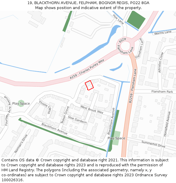 19, BLACKTHORN AVENUE, FELPHAM, BOGNOR REGIS, PO22 8GA: Location map and indicative extent of plot