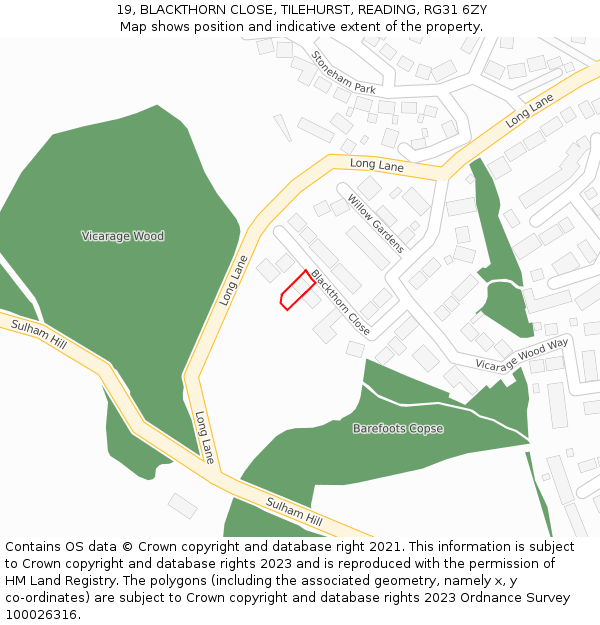 19, BLACKTHORN CLOSE, TILEHURST, READING, RG31 6ZY: Location map and indicative extent of plot