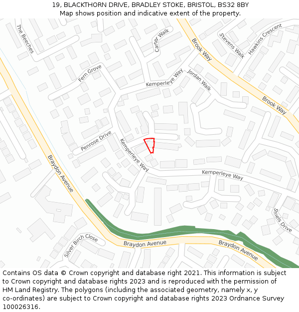 19, BLACKTHORN DRIVE, BRADLEY STOKE, BRISTOL, BS32 8BY: Location map and indicative extent of plot