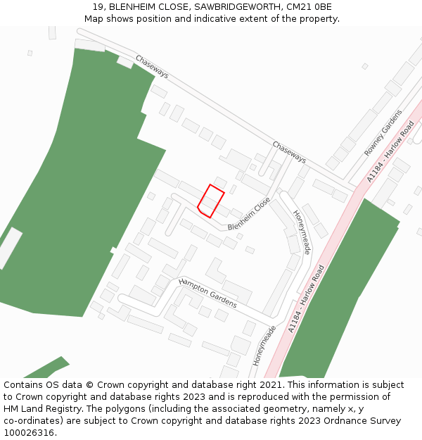 19, BLENHEIM CLOSE, SAWBRIDGEWORTH, CM21 0BE: Location map and indicative extent of plot