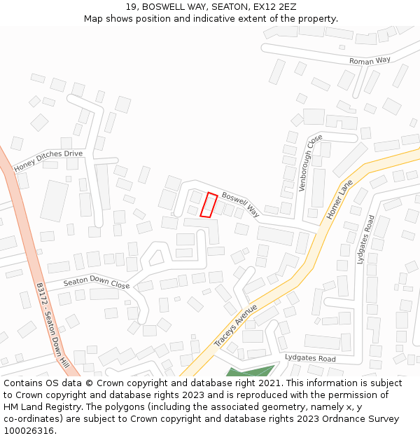 19, BOSWELL WAY, SEATON, EX12 2EZ: Location map and indicative extent of plot