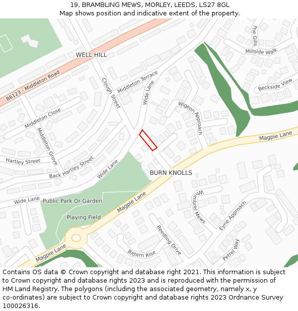 19, BRAMBLING MEWS, MORLEY, LEEDS, LS27 8GL: Location map and indicative extent of plot
