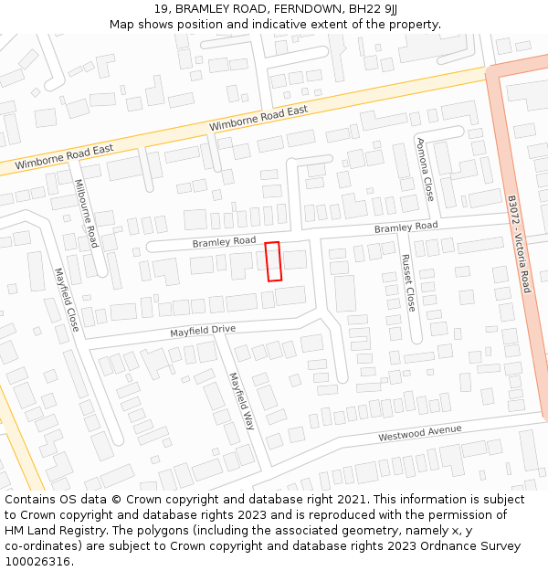 19, BRAMLEY ROAD, FERNDOWN, BH22 9JJ: Location map and indicative extent of plot