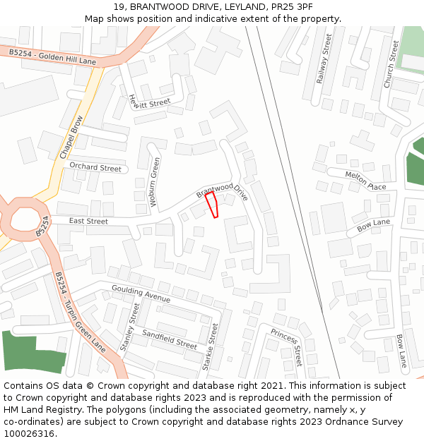 19, BRANTWOOD DRIVE, LEYLAND, PR25 3PF: Location map and indicative extent of plot