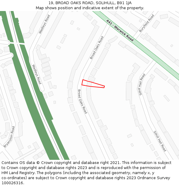 19, BROAD OAKS ROAD, SOLIHULL, B91 1JA: Location map and indicative extent of plot