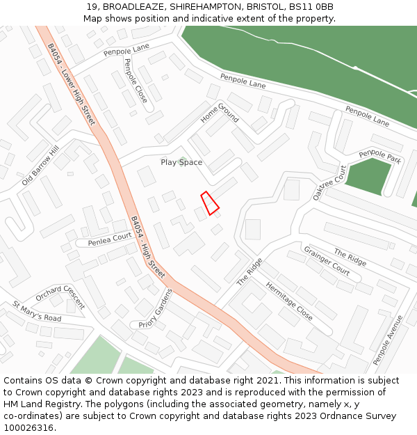19, BROADLEAZE, SHIREHAMPTON, BRISTOL, BS11 0BB: Location map and indicative extent of plot