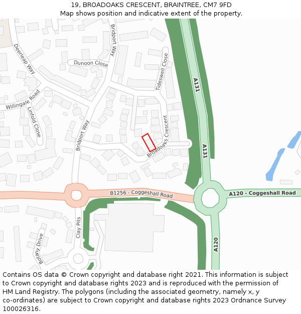 19, BROADOAKS CRESCENT, BRAINTREE, CM7 9FD: Location map and indicative extent of plot