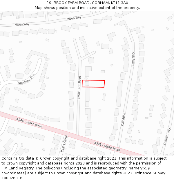 19, BROOK FARM ROAD, COBHAM, KT11 3AX: Location map and indicative extent of plot