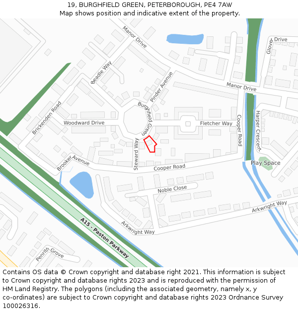 19, BURGHFIELD GREEN, PETERBOROUGH, PE4 7AW: Location map and indicative extent of plot