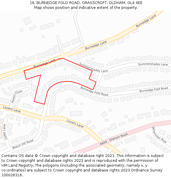 19, BURNEDGE FOLD ROAD, GRASSCROFT, OLDHAM, OL4 4EE: Location map and indicative extent of plot