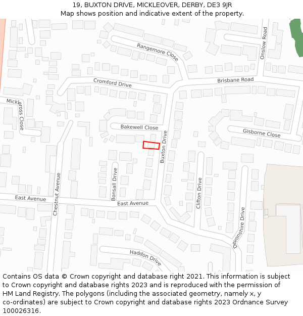 19, BUXTON DRIVE, MICKLEOVER, DERBY, DE3 9JR: Location map and indicative extent of plot