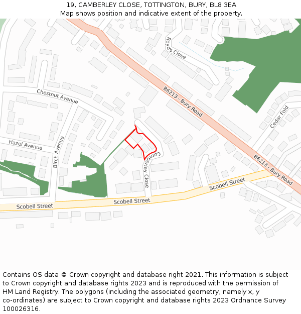 19, CAMBERLEY CLOSE, TOTTINGTON, BURY, BL8 3EA: Location map and indicative extent of plot