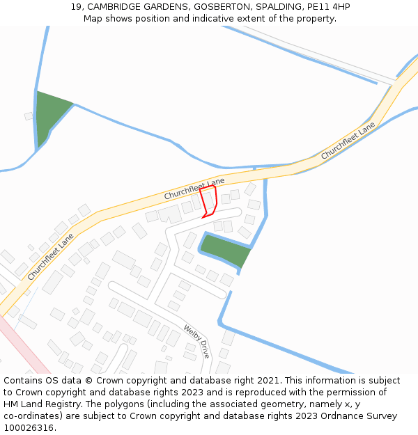 19, CAMBRIDGE GARDENS, GOSBERTON, SPALDING, PE11 4HP: Location map and indicative extent of plot