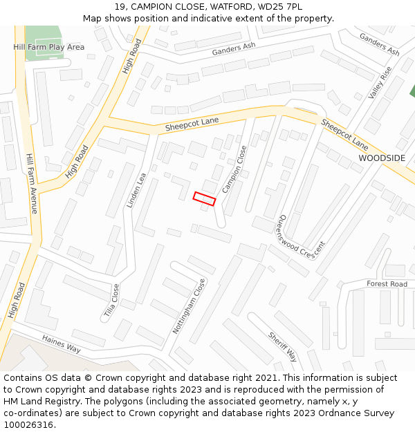 19, CAMPION CLOSE, WATFORD, WD25 7PL: Location map and indicative extent of plot