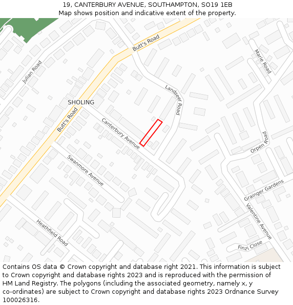 19, CANTERBURY AVENUE, SOUTHAMPTON, SO19 1EB: Location map and indicative extent of plot