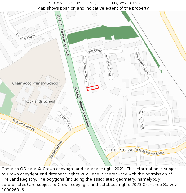19, CANTERBURY CLOSE, LICHFIELD, WS13 7SU: Location map and indicative extent of plot
