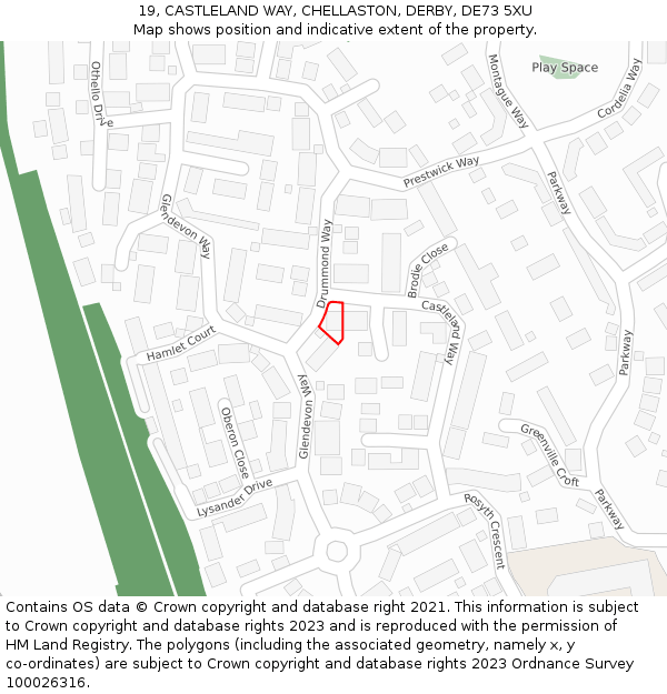 19, CASTLELAND WAY, CHELLASTON, DERBY, DE73 5XU: Location map and indicative extent of plot