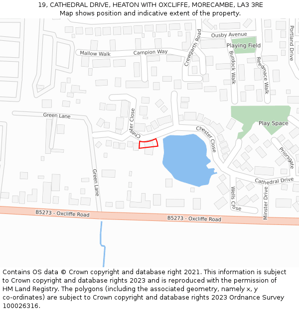 19, CATHEDRAL DRIVE, HEATON WITH OXCLIFFE, MORECAMBE, LA3 3RE: Location map and indicative extent of plot