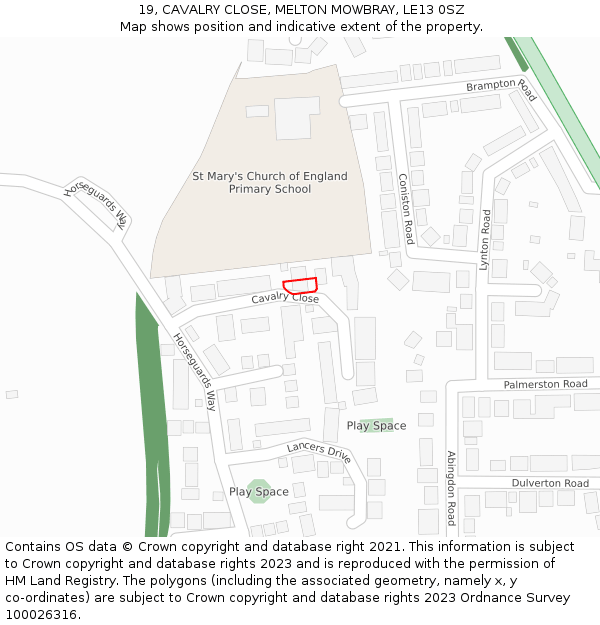19, CAVALRY CLOSE, MELTON MOWBRAY, LE13 0SZ: Location map and indicative extent of plot