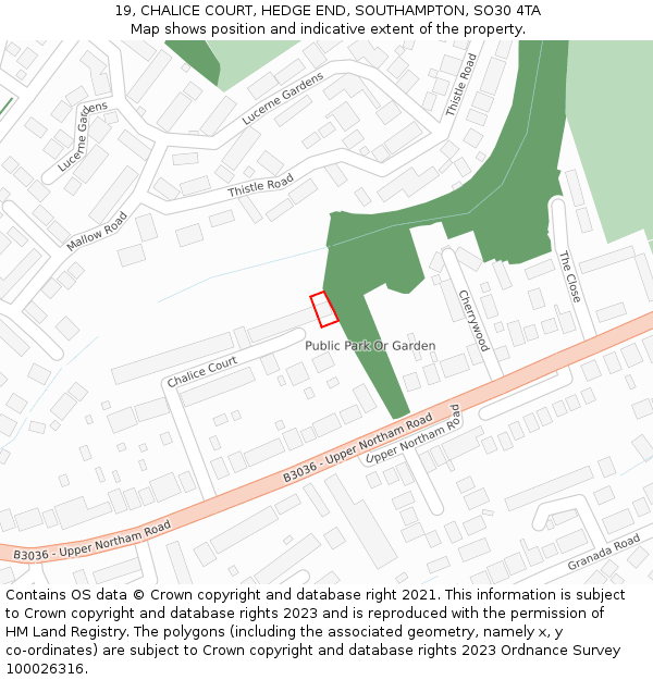 19, CHALICE COURT, HEDGE END, SOUTHAMPTON, SO30 4TA: Location map and indicative extent of plot