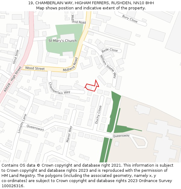 19, CHAMBERLAIN WAY, HIGHAM FERRERS, RUSHDEN, NN10 8HH: Location map and indicative extent of plot