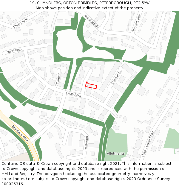 19, CHANDLERS, ORTON BRIMBLES, PETERBOROUGH, PE2 5YW: Location map and indicative extent of plot