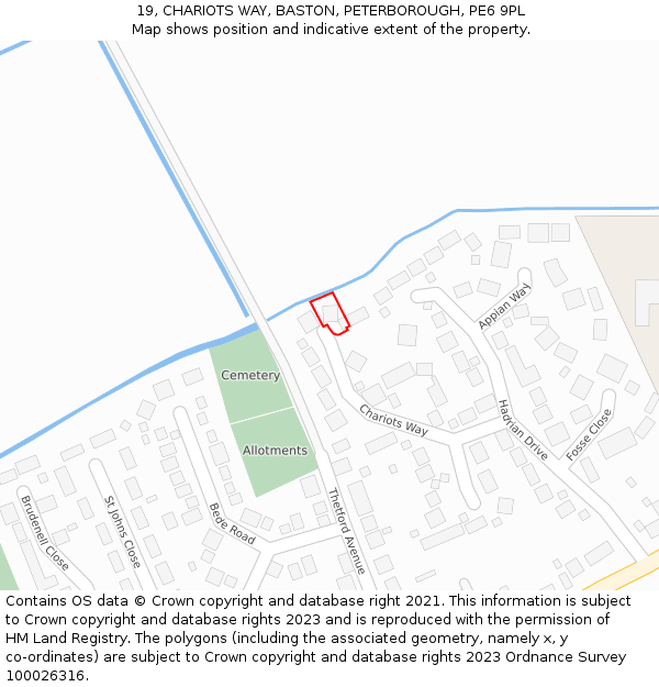 19, CHARIOTS WAY, BASTON, PETERBOROUGH, PE6 9PL: Location map and indicative extent of plot