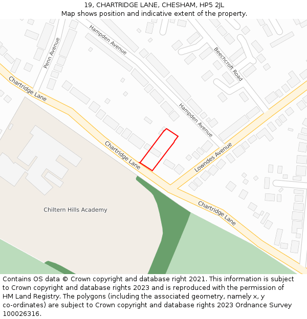 19, CHARTRIDGE LANE, CHESHAM, HP5 2JL: Location map and indicative extent of plot
