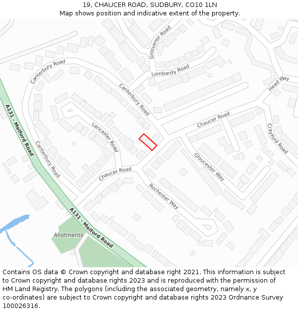 19, CHAUCER ROAD, SUDBURY, CO10 1LN: Location map and indicative extent of plot