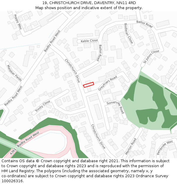 19, CHRISTCHURCH DRIVE, DAVENTRY, NN11 4RD: Location map and indicative extent of plot