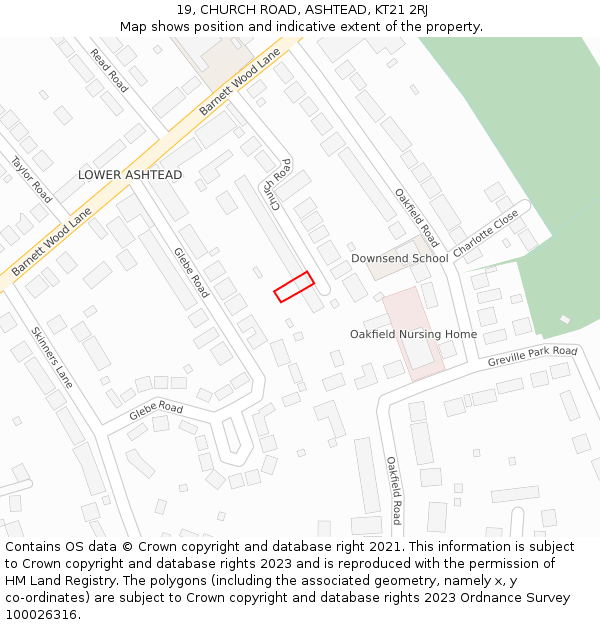 19, CHURCH ROAD, ASHTEAD, KT21 2RJ: Location map and indicative extent of plot