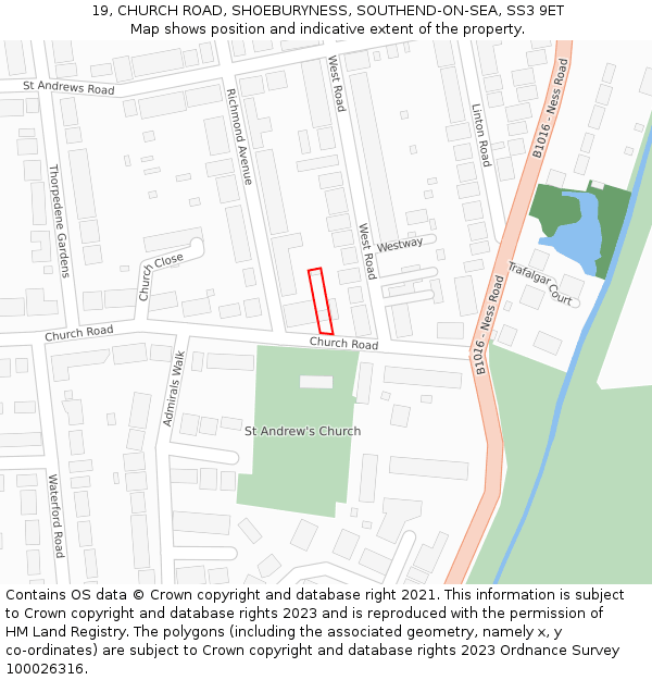 19, CHURCH ROAD, SHOEBURYNESS, SOUTHEND-ON-SEA, SS3 9ET: Location map and indicative extent of plot