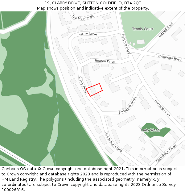19, CLARRY DRIVE, SUTTON COLDFIELD, B74 2QT: Location map and indicative extent of plot