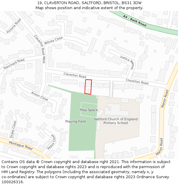 19, CLAVERTON ROAD, SALTFORD, BRISTOL, BS31 3DW: Location map and indicative extent of plot