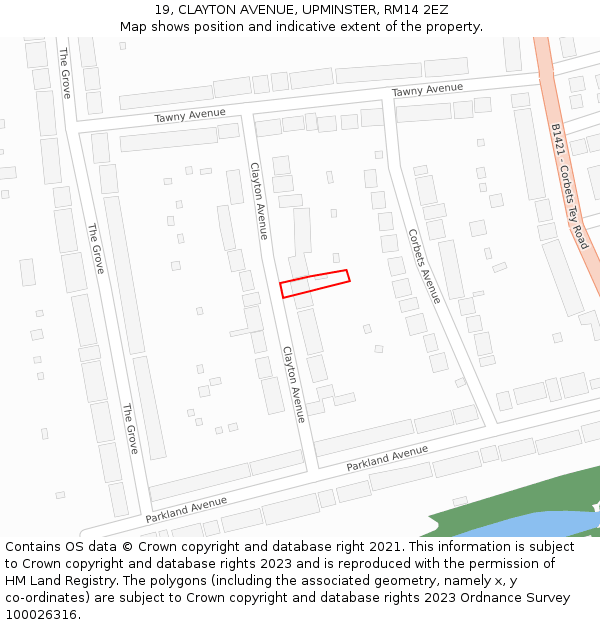 19, CLAYTON AVENUE, UPMINSTER, RM14 2EZ: Location map and indicative extent of plot