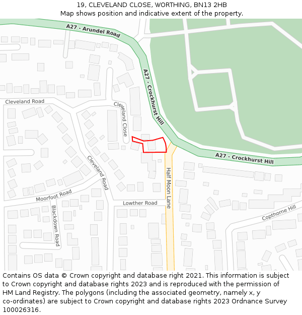 19, CLEVELAND CLOSE, WORTHING, BN13 2HB: Location map and indicative extent of plot
