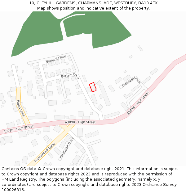19, CLEYHILL GARDENS, CHAPMANSLADE, WESTBURY, BA13 4EX: Location map and indicative extent of plot