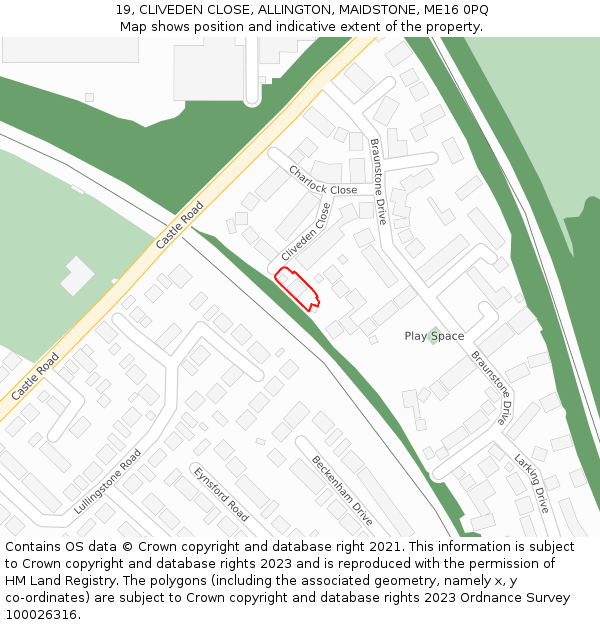 19, CLIVEDEN CLOSE, ALLINGTON, MAIDSTONE, ME16 0PQ: Location map and indicative extent of plot