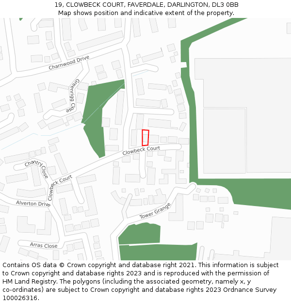 19, CLOWBECK COURT, FAVERDALE, DARLINGTON, DL3 0BB: Location map and indicative extent of plot