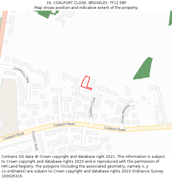 19, COALPORT CLOSE, BROSELEY, TF12 5BF: Location map and indicative extent of plot