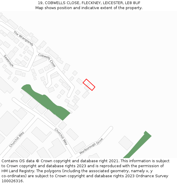 19, COBWELLS CLOSE, FLECKNEY, LEICESTER, LE8 8UF: Location map and indicative extent of plot