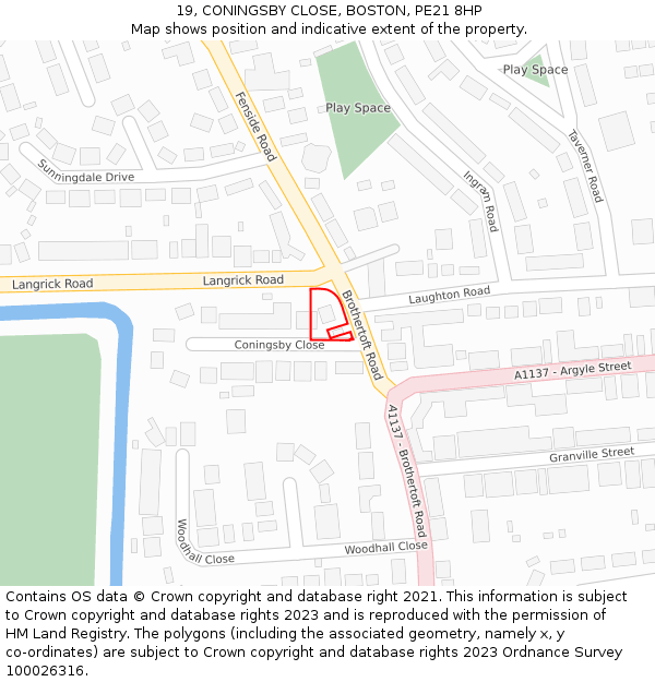 19, CONINGSBY CLOSE, BOSTON, PE21 8HP: Location map and indicative extent of plot