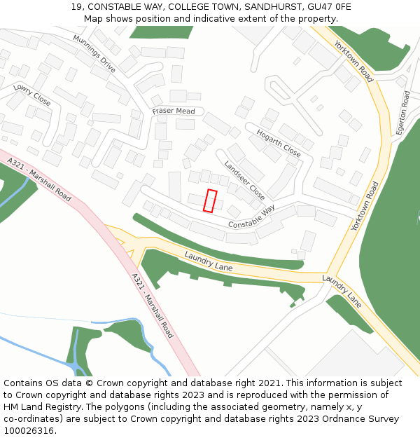 19, CONSTABLE WAY, COLLEGE TOWN, SANDHURST, GU47 0FE: Location map and indicative extent of plot