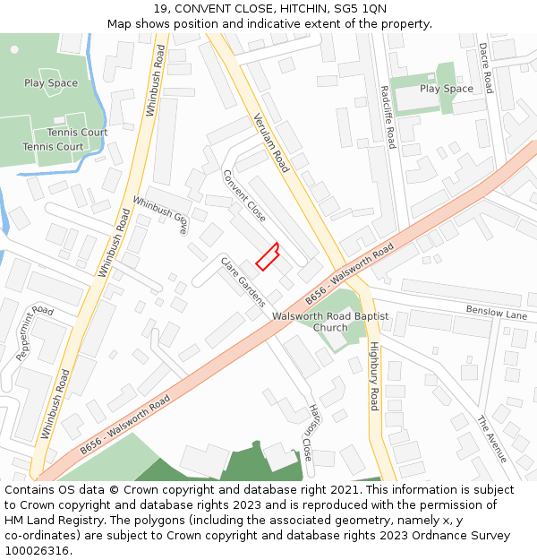 19, CONVENT CLOSE, HITCHIN, SG5 1QN: Location map and indicative extent of plot