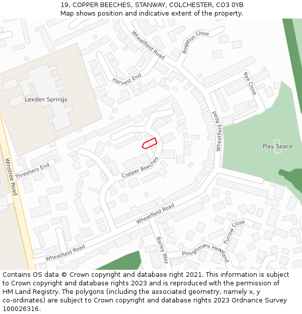 19, COPPER BEECHES, STANWAY, COLCHESTER, CO3 0YB: Location map and indicative extent of plot