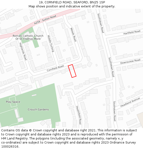 19, CORNFIELD ROAD, SEAFORD, BN25 1SP: Location map and indicative extent of plot