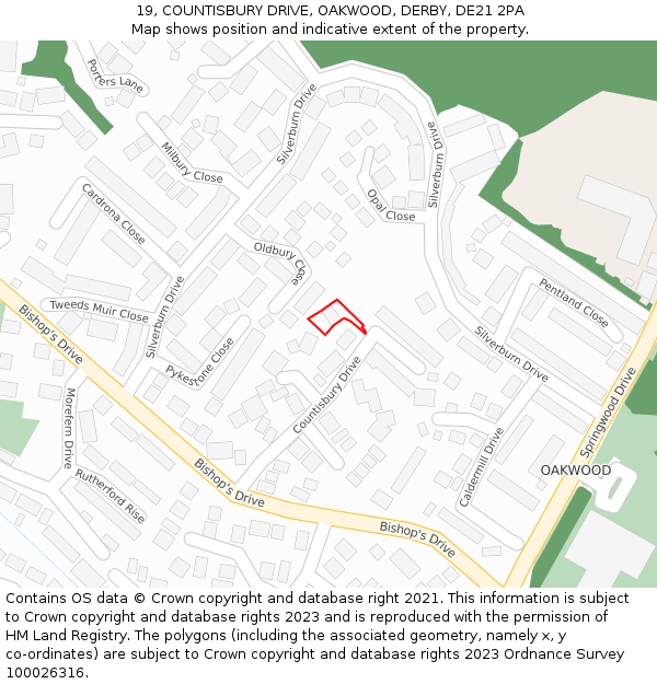 19, COUNTISBURY DRIVE, OAKWOOD, DERBY, DE21 2PA: Location map and indicative extent of plot